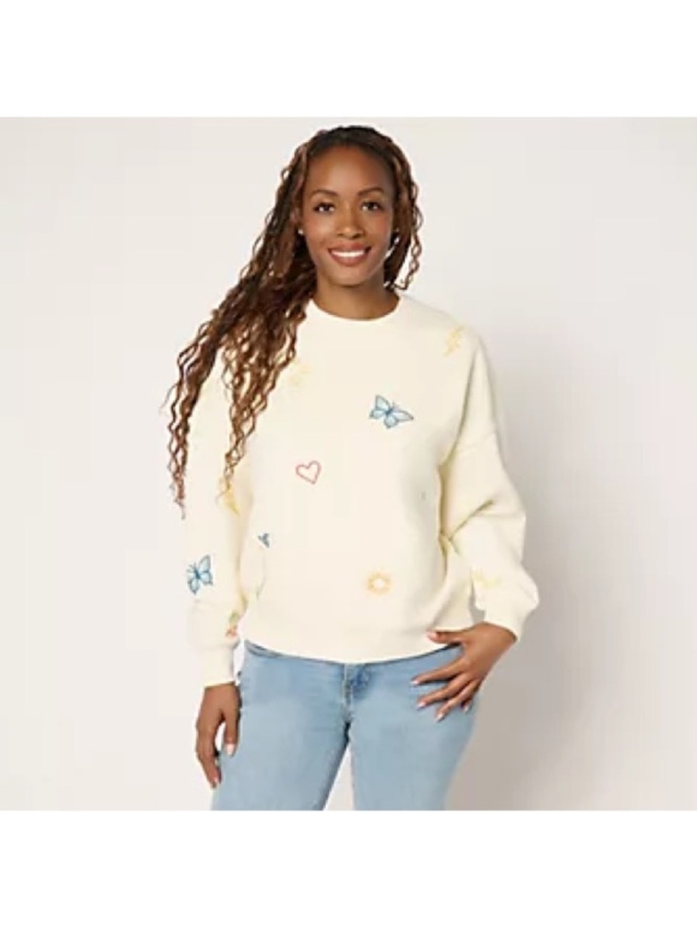 DRIFTWOOD Jeans Teddy Crew Neck Embroidered Butterfly & Flower Pullover- Doodle
